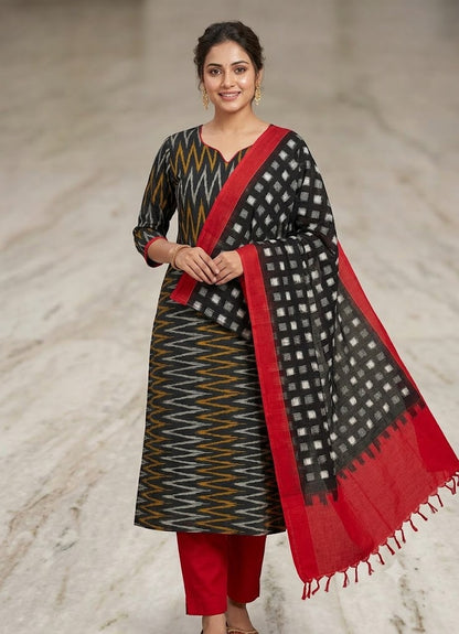 IKAT COTTONBLACK WITH RED COLOR SUITE -C42