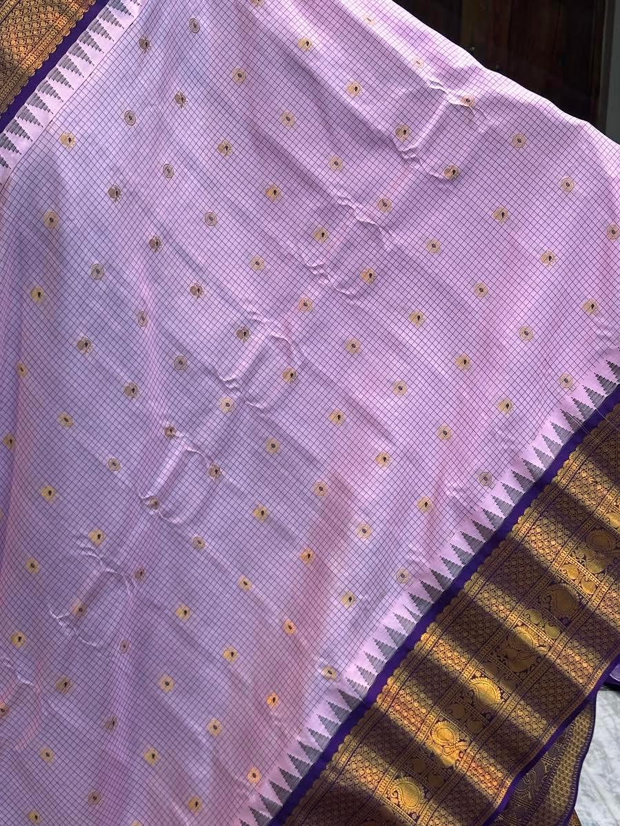 PURE GADWAL SILK BODY BUTTI LIGHT PINK PALLU LAVENDER BIG BORDER AND BLOUSE LAVENDER SAREE - pochampallysarees.com