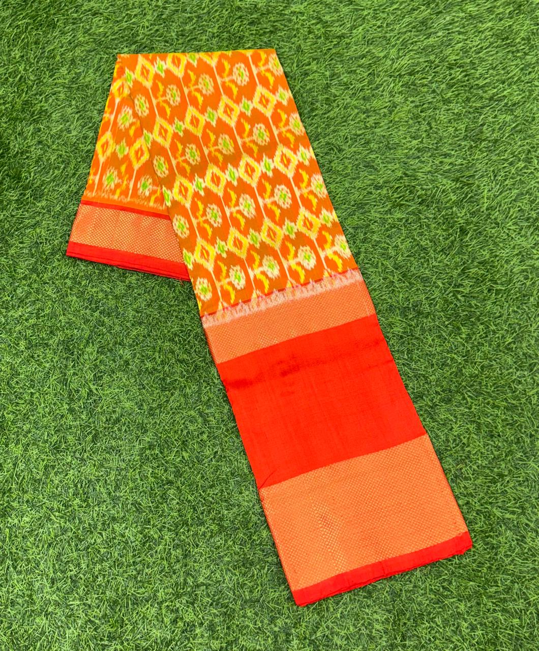 Yellow And Red Ikkat Silk Big Size Lehenga (8 Years to 50 Years)with silk mark