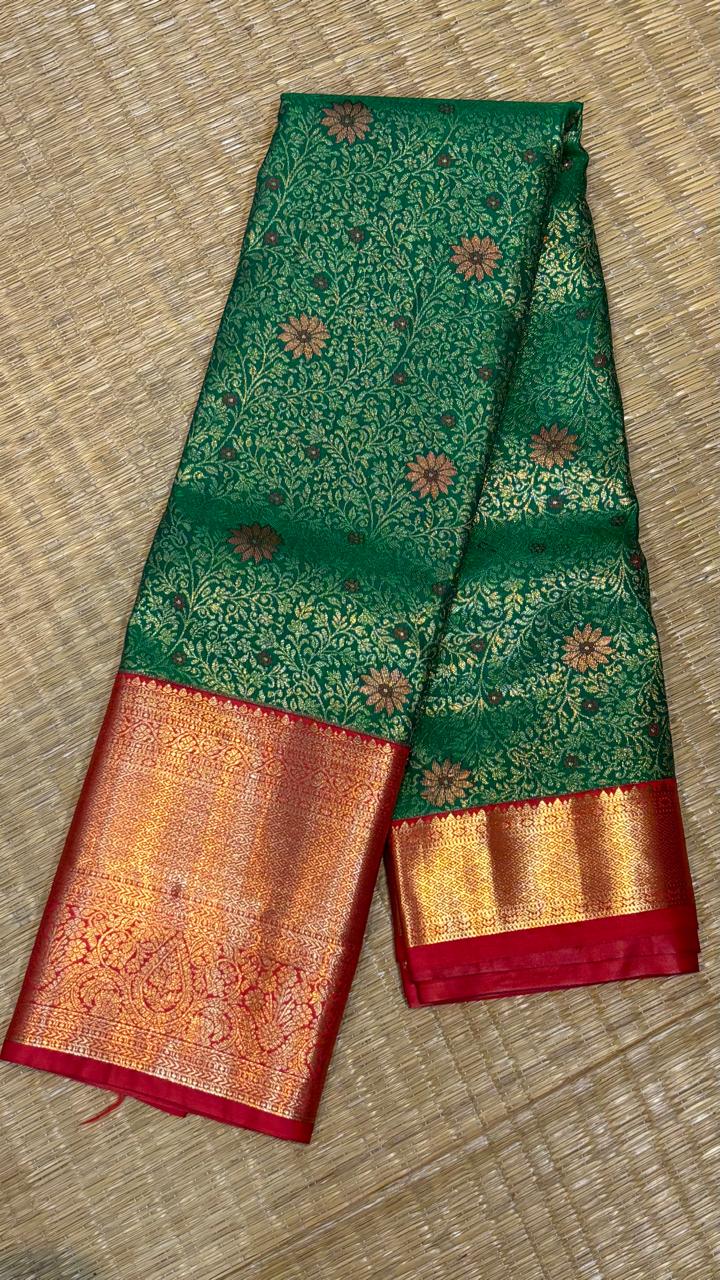 Elegant Forest Green &amp; Crimson Red Semi Dharmavaram Silk Saree with Rich Zari Border &amp; Pallu