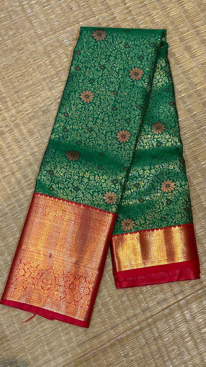 Elegant Forest Green &amp; Crimson Red Semi Dharmavaram Silk Saree with Rich Zari Border &amp; Pallu