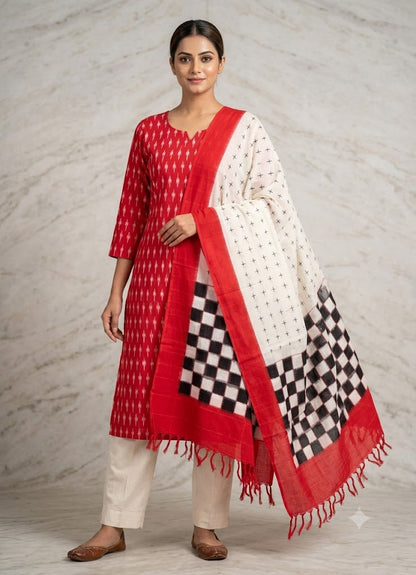 Handloom &amp; Traditional: Handcrafted Crimson Red Double Ikat Cotton Suit Set with Off-White Checker Dupatta d4