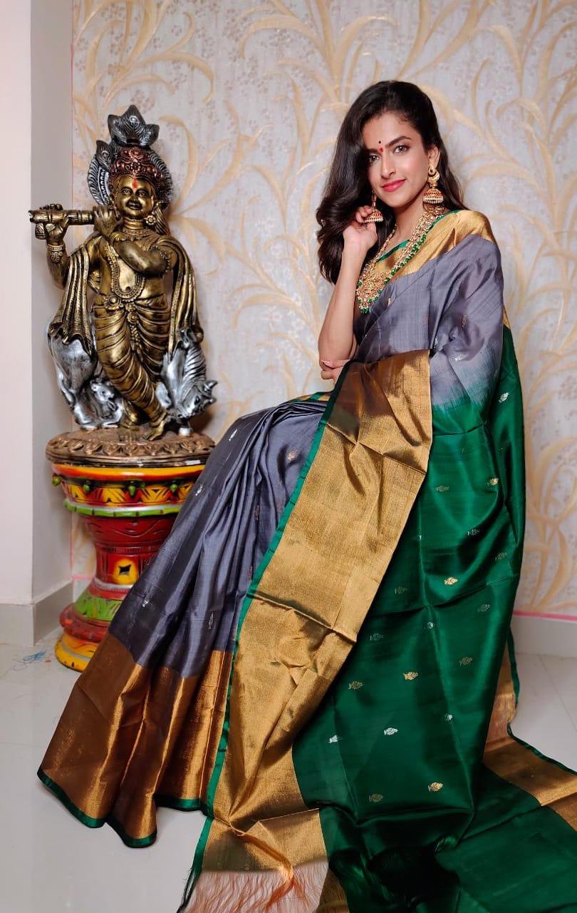 Exquisite Dark Grey & Emerald Green Uppada Pattu Saree with Grand Zari Border - pochampallysarees.com