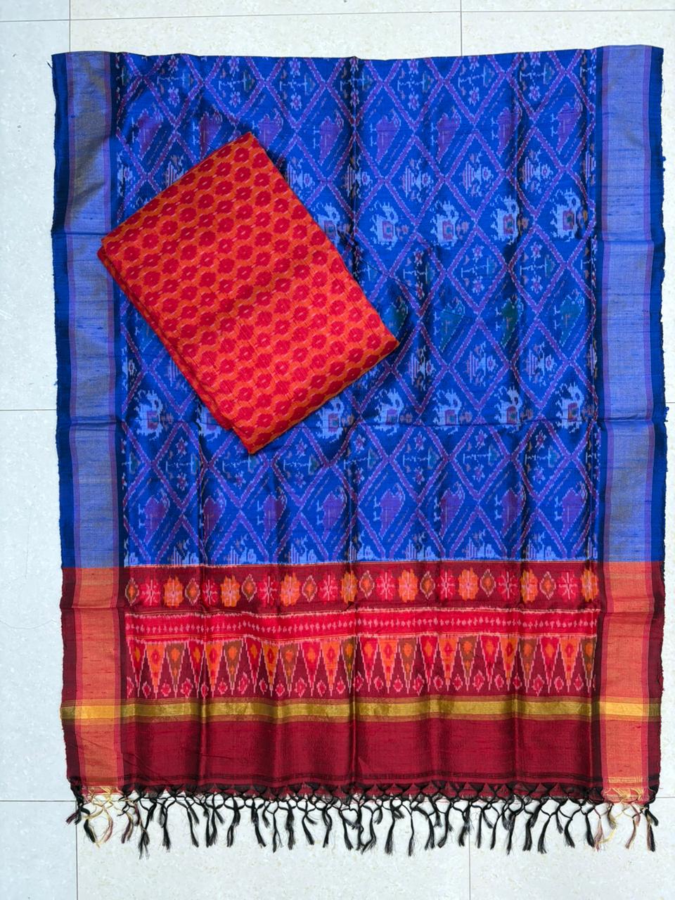 Latest Ikkat Silk Dress Material: Blue &amp; Red Pochampally Salwar Suit