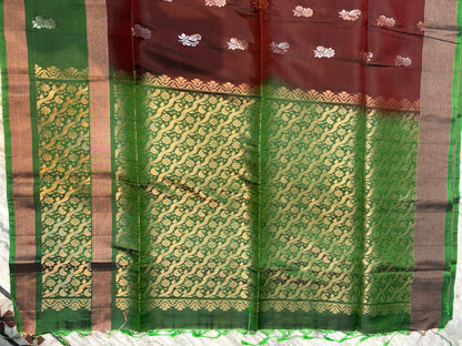 Elegant Maroon and Green Pure Soft Silk Saree with Rich Zari Pallu