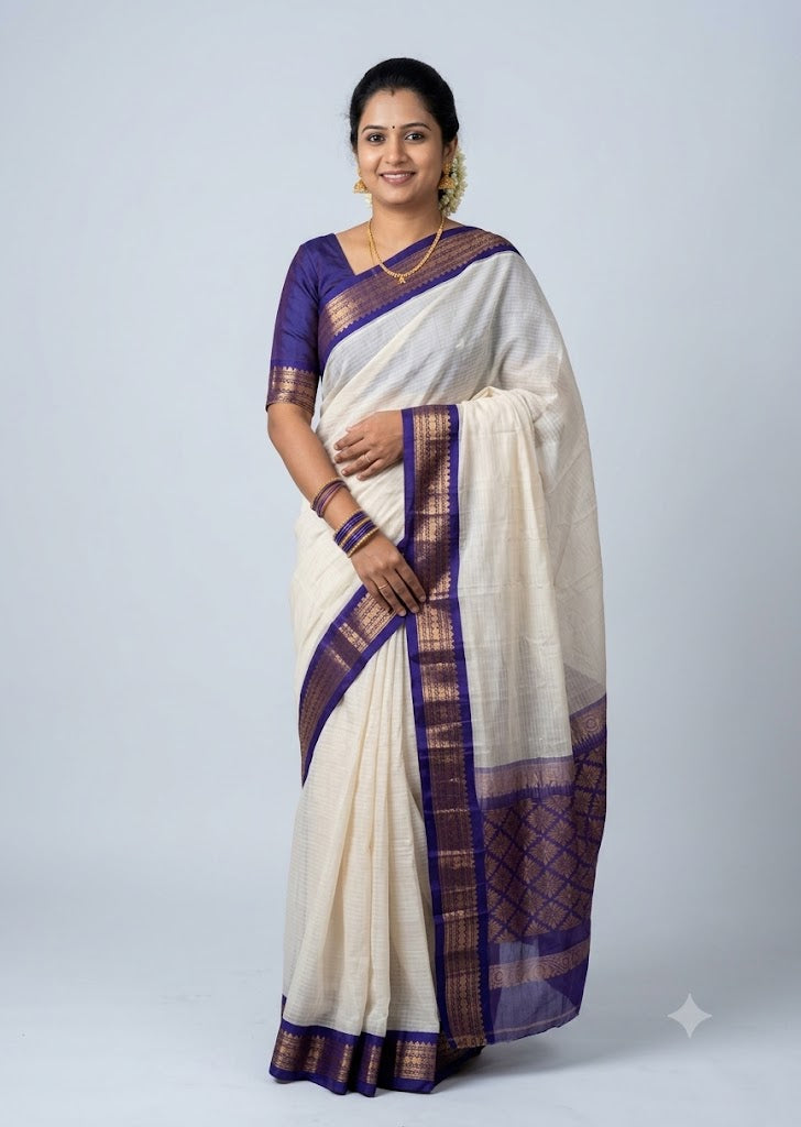 Traditional Off-White Gadwal Cotton Saree with Deep Blue Zari Border gs20