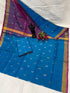 Cerulean Blue and Deep Purple Uppada Pattu Silk Saree with Zari Buttas - pochampallysarees.com