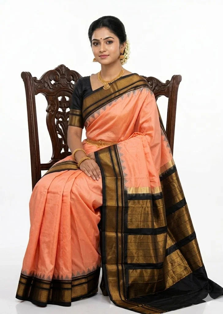 Elegant Peach & Black Gadwal Silk Saree with Gold Zari Border - pochampallysarees.com