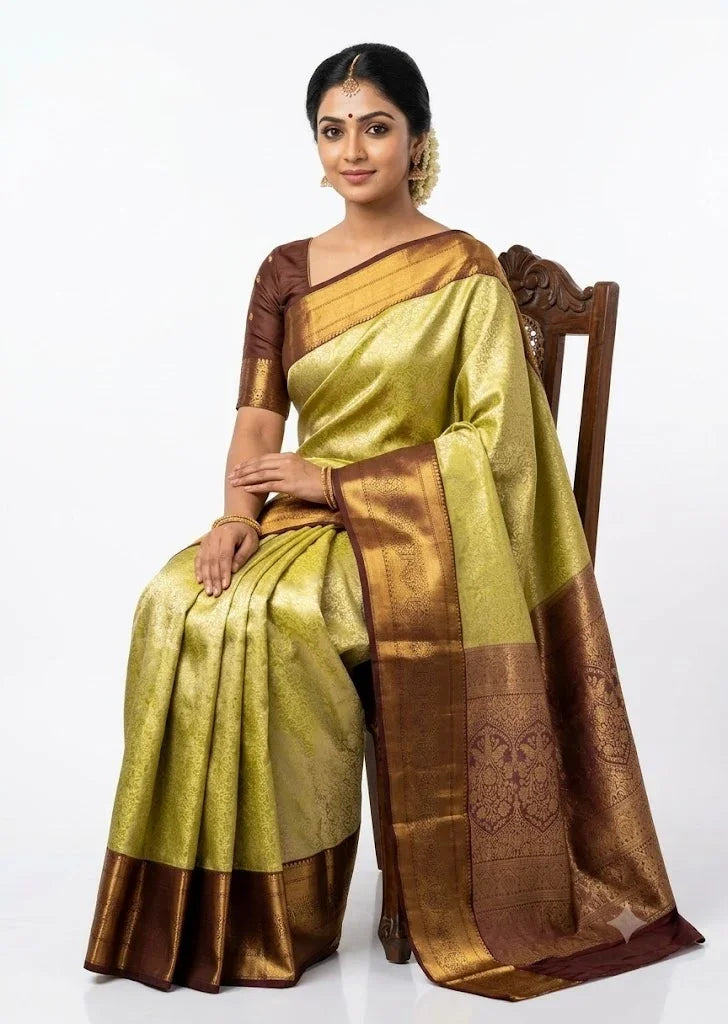Dharmavaram Pattu Silk Saree – Mustard Yellow & Chocolate Brown - pochampallysarees.com