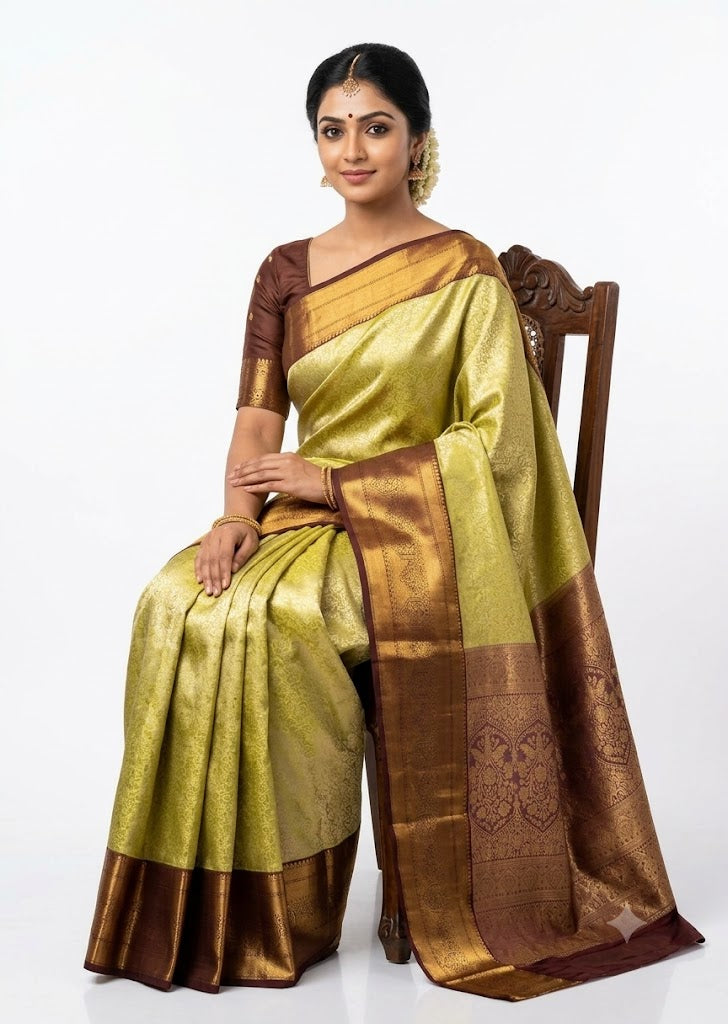 Dharmavaram Pattu Silk Saree – Mustard Yellow &amp; Chocolate Brown