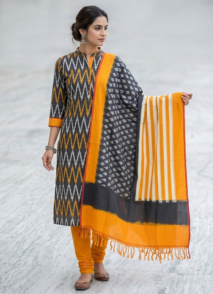 DOUBLE IKAT COTTON BLACK WITH YELLOW COLOR SUITE -C35