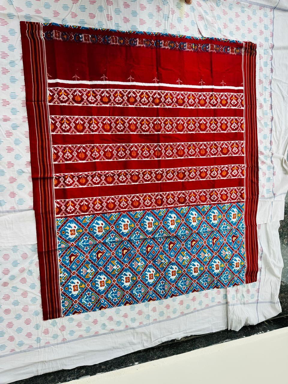 Handwoven Red &amp; Blue Double Ikkat Silk Patola Style Silk Saree | Traditional Ikat Weave - pochampallysarees.com