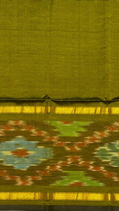 Olive green Handloom-Look Kurta Set with Ikat Border, Pink Pants &amp; Dupatta (Set of 3)