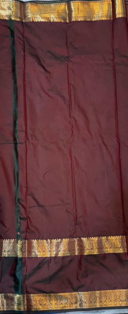 Mustard Rust &amp; Deep Wine Semi Dharmavaram Silk Saree with Floral Buttas and Zari Pallu