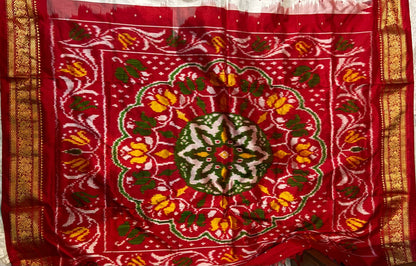 White Pochampally Ikkat Silk Saree with Red Zari Border