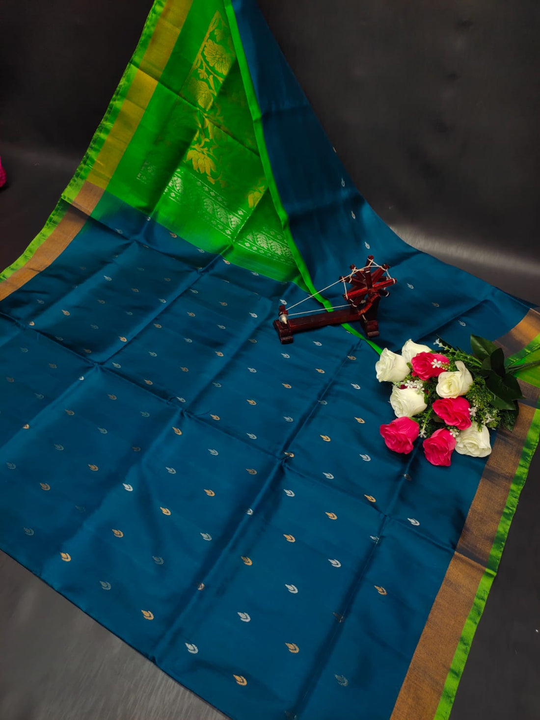 Teal Blue and Parrot Green Uppada Pattu Silk Saree with Zari Motifs - pochampallysarees.com