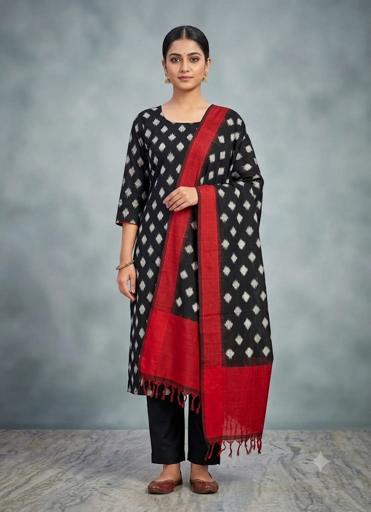 POCHAMPALLY IKKAT DOUBLE IKKAT BLACK WITH RED COLOR DRESS MATERIAL-D01