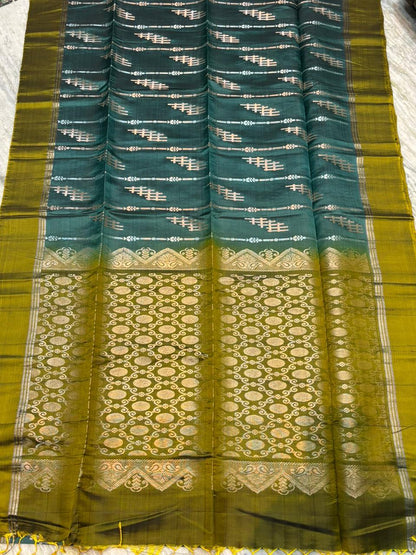 Premium Pure Soft Silk Saree in Teal Green with Olive Zari Brocade Pallu | Traditional Festive &amp; Wedding Wear - pochampallysarees.com