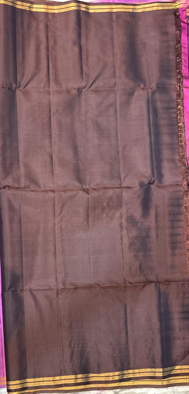 Elegant Dark Brown Silk Saree Blouse with Gold Zari Border