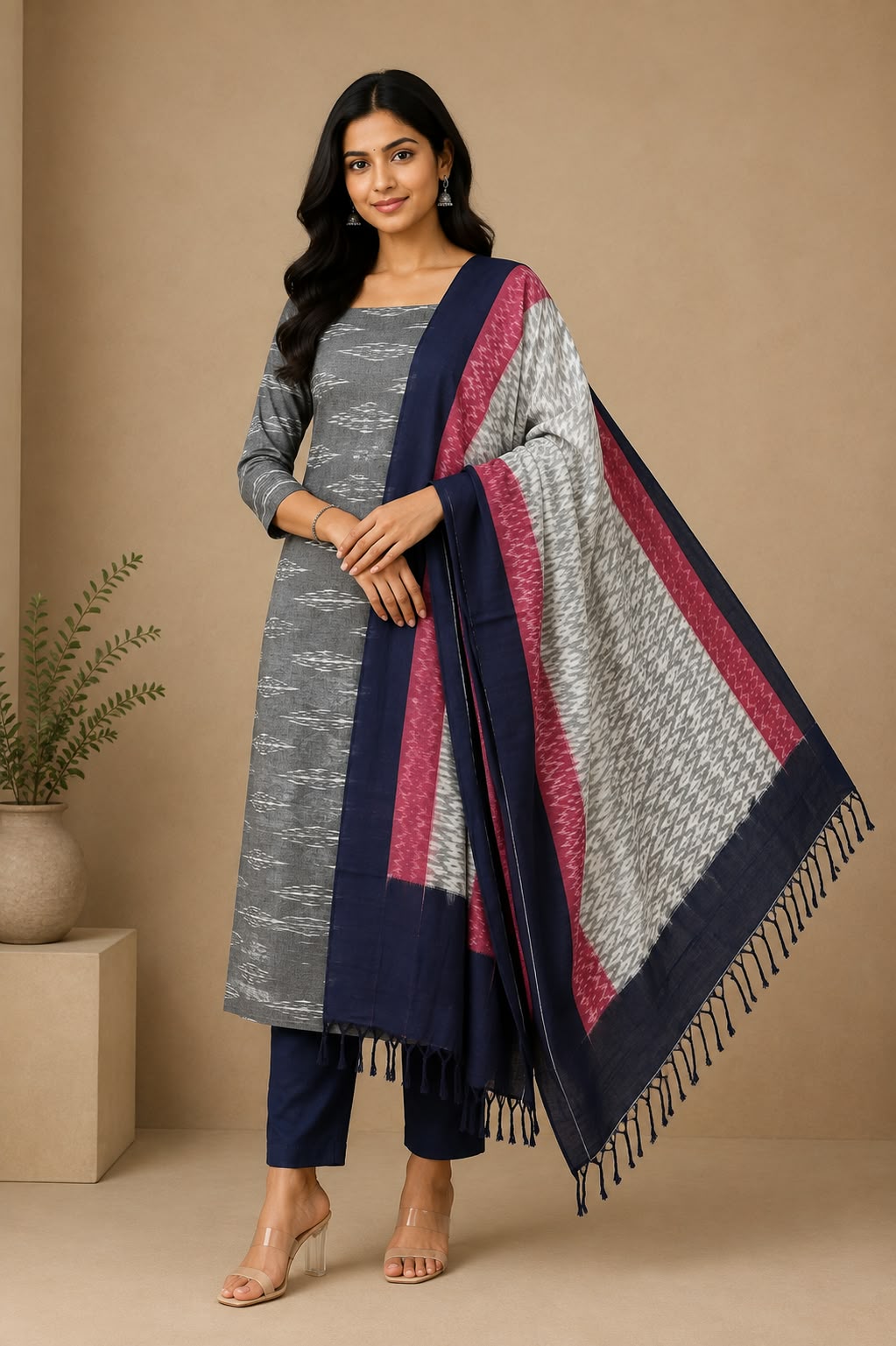 Slate Grey &amp; Navy Blue Handloom Double Ikkat Cotton Dress Material Set with Magenta Border Dupatta