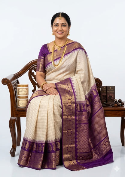 Traditional Cream &amp; Purple Gadwal Silk Saree Combo with Premium Body Cream &amp; Chocolates