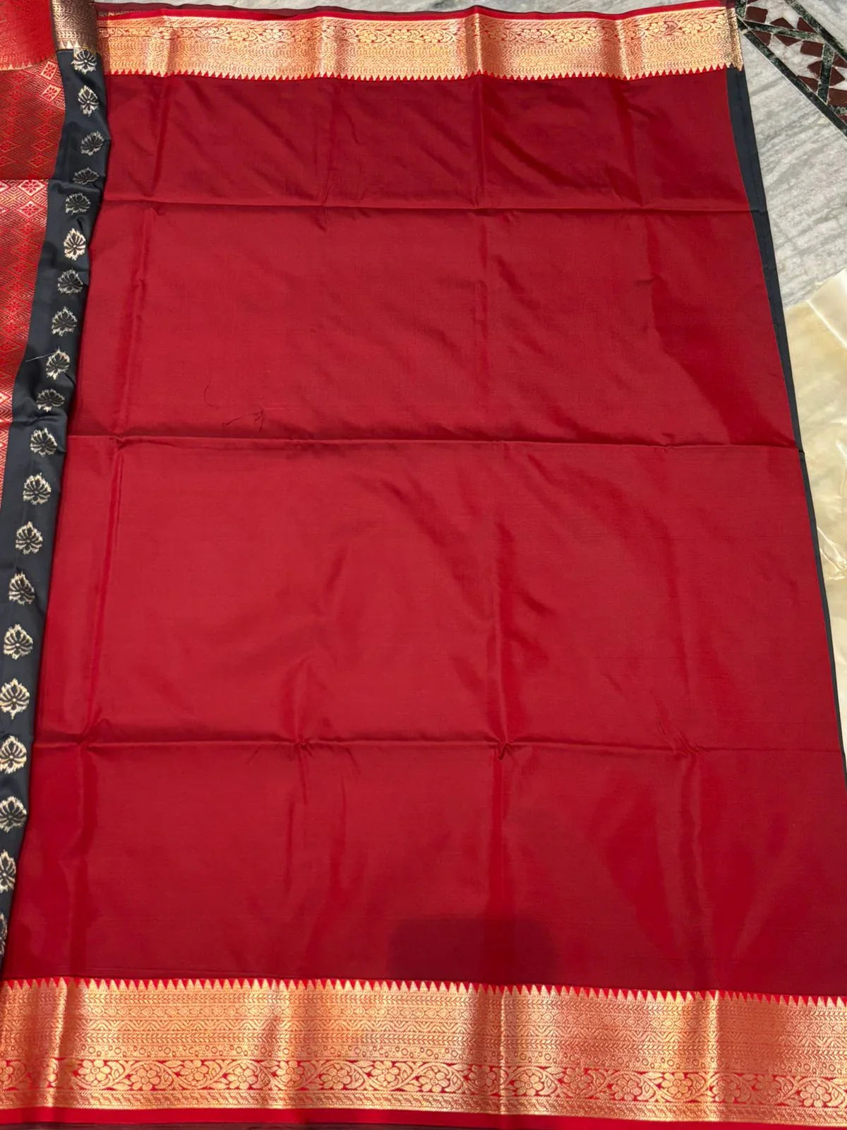 Pure Darmavaram Silk Saree - Elegant Charcoal Gray and Red Zari Brocade - pochampallysarees.com