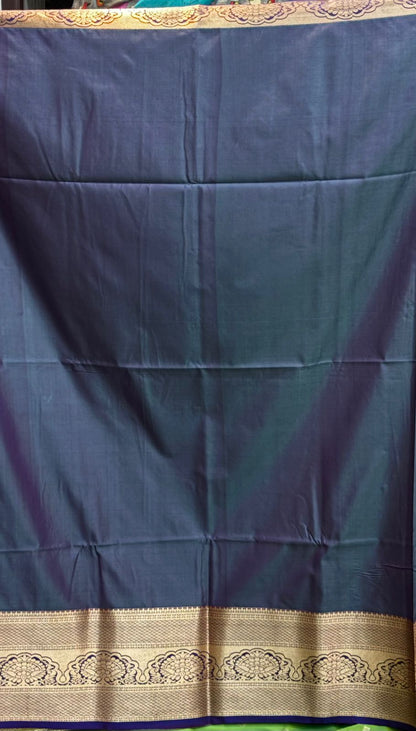 Dharmavaram Pattu Vibrant Lime Green Silk Saree with Intricate Silver Zari Border &amp; Purple Accent