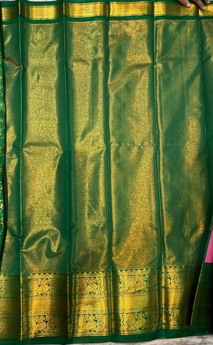 Luxurious Dharmavaram Pattu Silk Saree with Tissue Pink Body &amp; Emerald Green Pallu