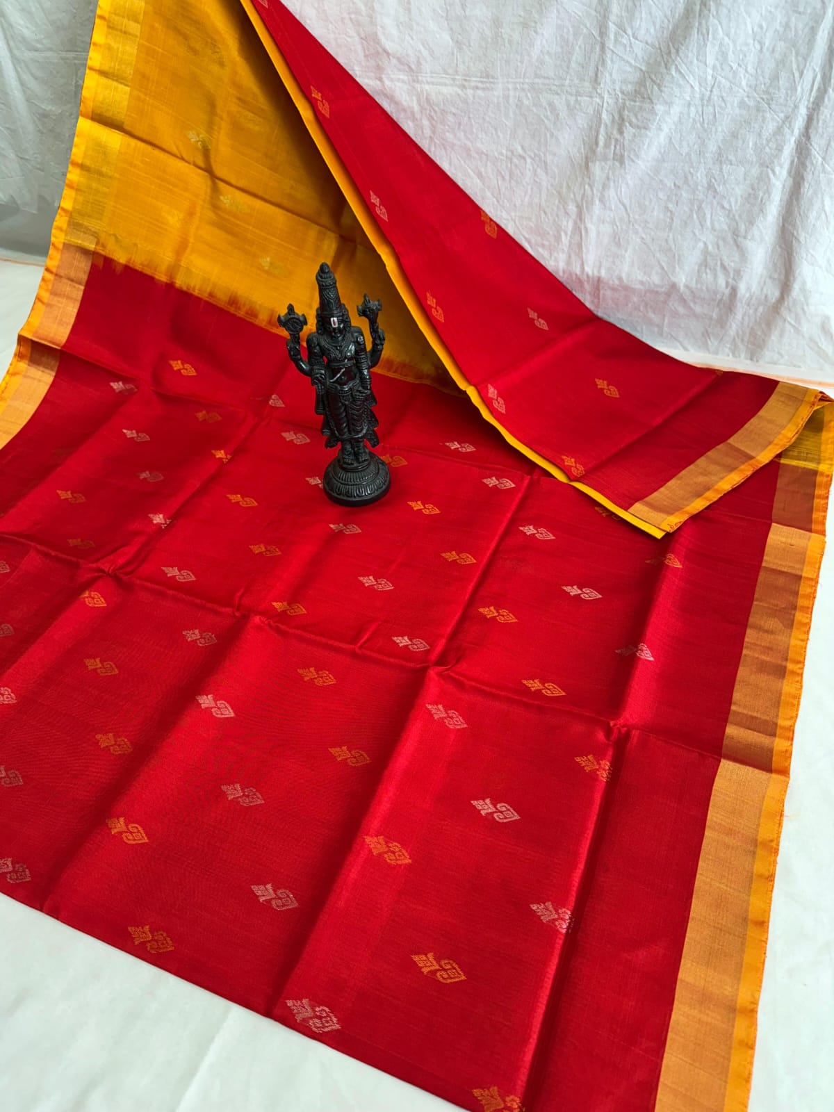 Crimson Red and Mustard Yellow Uppada Pattu Silk Saree with Zari Buttas - pochampallysarees.com