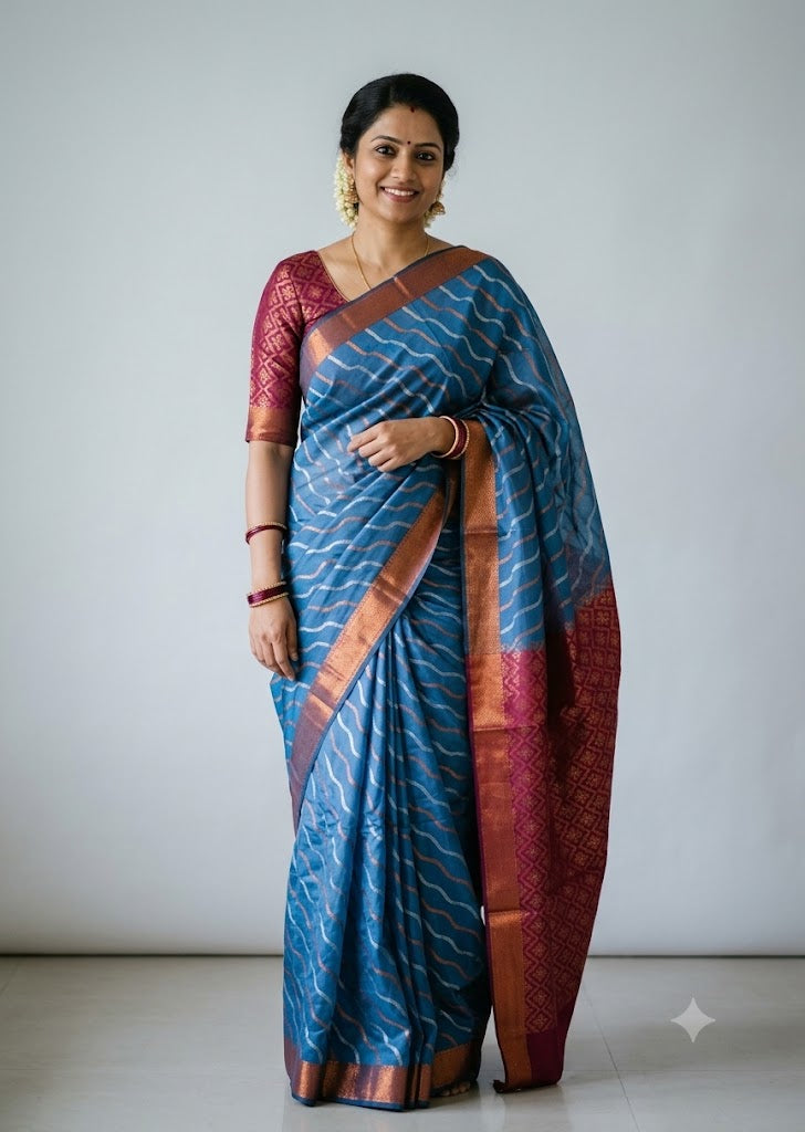 Woman wearing a traditional cerulean blue Kuppadam Pattu saree with wavy silver and copper zari stripes, copper zari border, and contrast wine maroon floral brocade pallu and blouse.