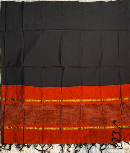 Pochampally Ikkat Poly Cotton Unstitched Dress Material with Borderless Dupatta (3-Piece Set - Red-Rust &amp; Black)
