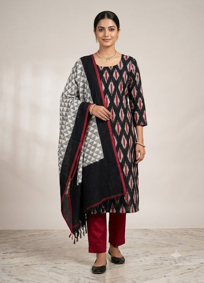 Jet Black &amp; Off-White Handloom Double Ikkat Cotton Dress Material Set with Magenta Piping Dupatta - d31