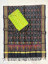 Handloom charcoal black pure Pochampally Ikat silk saree with floral geometric pallu and contrast lime green blouse piece