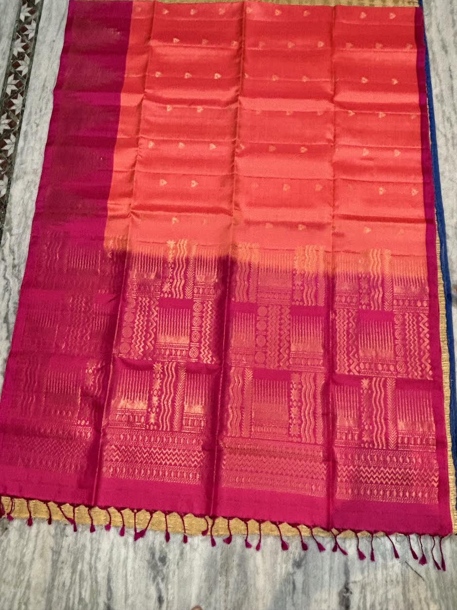 Coral peach Kanchipuram soft silk saree with contrast rani pink geometric zari pallu and Silk Mark certification