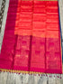 Coral peach Kanchipuram soft silk saree with contrast rani pink geometric zari pallu and Silk Mark certification