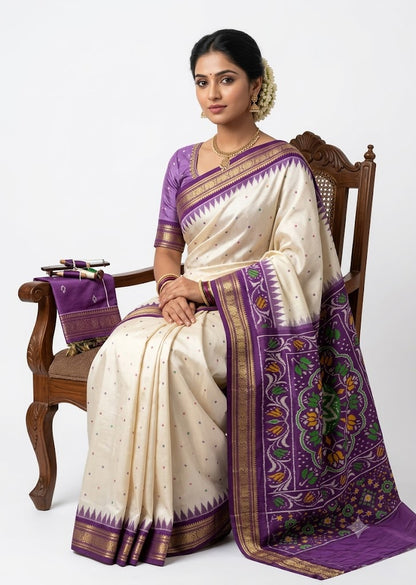 A traditional Indian woman sitting gracefully on a wooden chair, wearing an elegant cream silk saree with a vibrant lavender ikat-patterned pallu, gold zari border, and matching lavender blouse.