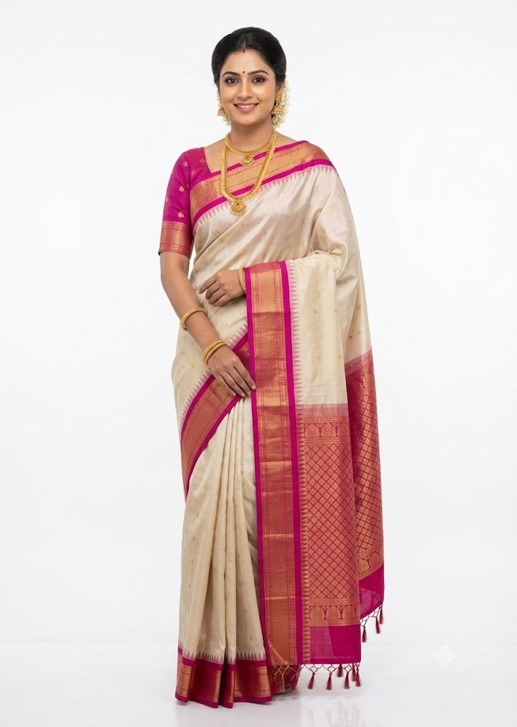 Traditional Indian woman wearing a cream pure Gadwal silk saree with a contrasting pink gold zari border and matching blouse on a plain white background.