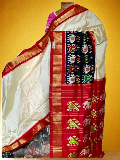 Cream Pochampally Ikat Silk Saree - pochampallysarees.com