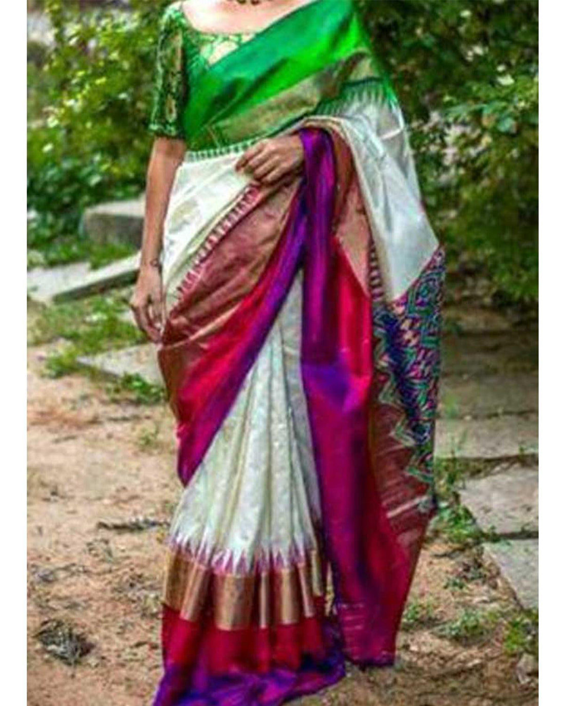 CREAM WITH PURPLE AND GREEN COLOR SILK IKKAT SAREE - pochampallysarees.com