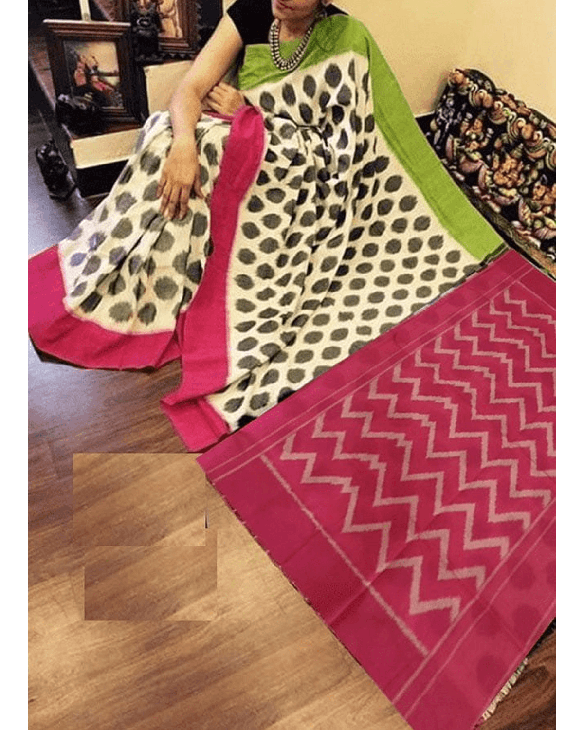 CREAM WITH RED AND GREEN COLOR IKKAT COTTON SAREE - pochampallysarees.com