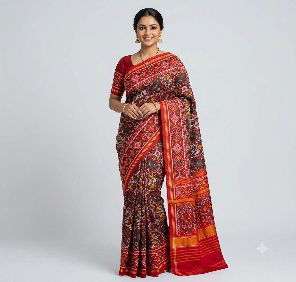 Traditional Indian woman wearing authentic crimson red Ikkat Patola silk saree with elephant motifs against studio backdrop