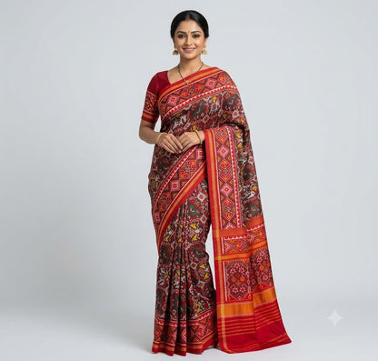 Traditional Indian woman wearing authentic crimson red Ikkat Patola silk saree with elephant motifs against studio backdrop