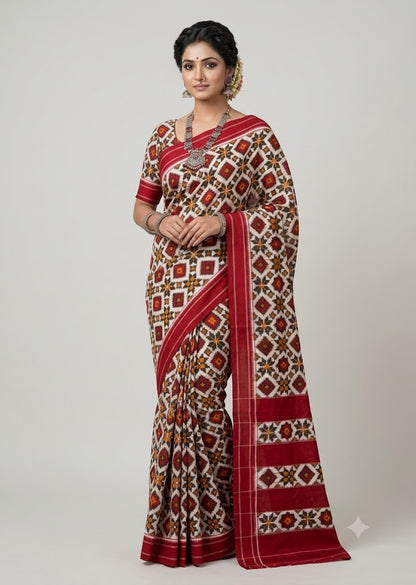 Traditional Indian woman wearing an authentic crimson red and mustard Telia Rumal handloom cotton saree with a plain red blouse against a neutral studio backdrop