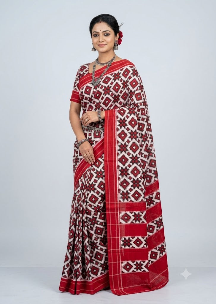 Indian woman wearing an authentic red and off-white Telia Rumal handloom cotton saree against a light gray backdrop