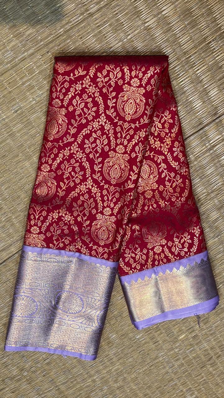 Graceful Maroon &amp; Lavender-Blue Semi Dharmavaram Silk Saree with Elegant Silver-Gold Zari Border &amp; Pallu
