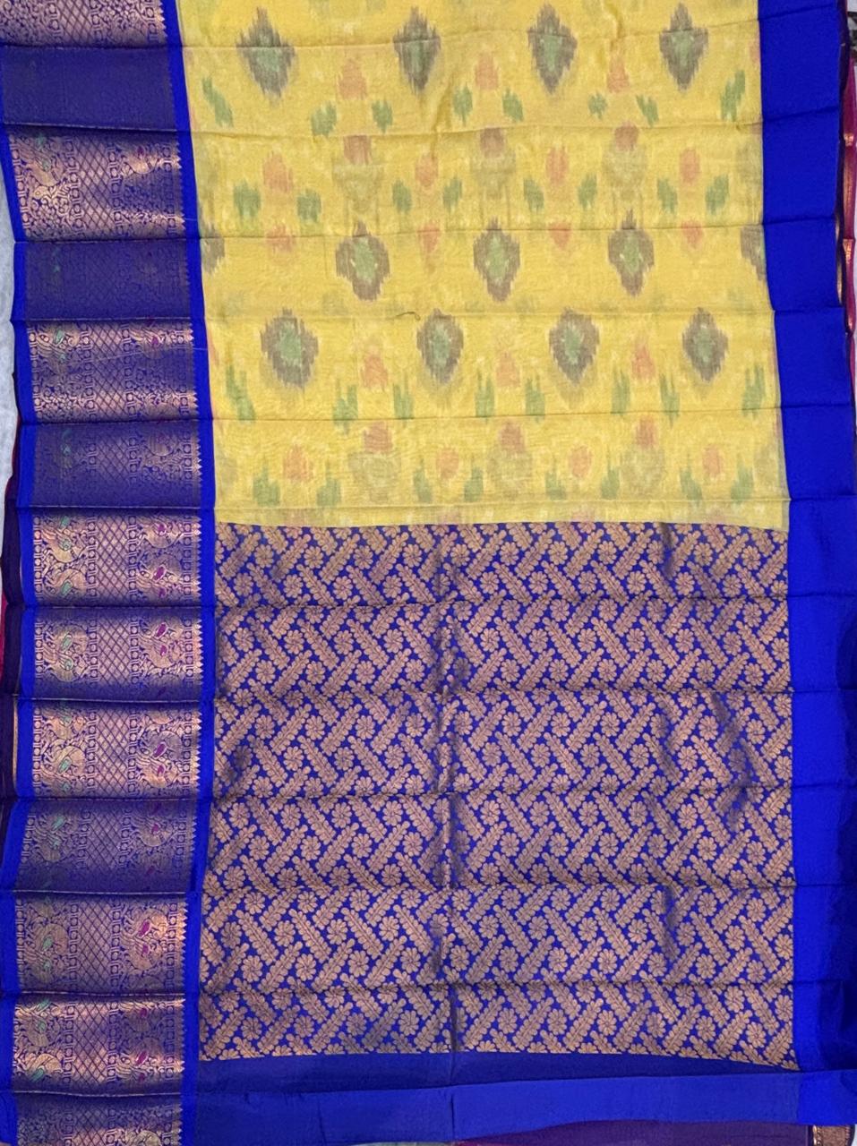 Traditional Yellow Ikat Pattern Silk Saree with Royal Blue Zari Border