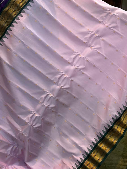 PURE GADWAL SILK BODY BUTTI LIGHT PINK PALLU GREEN SMALL BORDER AND BLOUSE GREEN SAREE - pochampallysarees.com