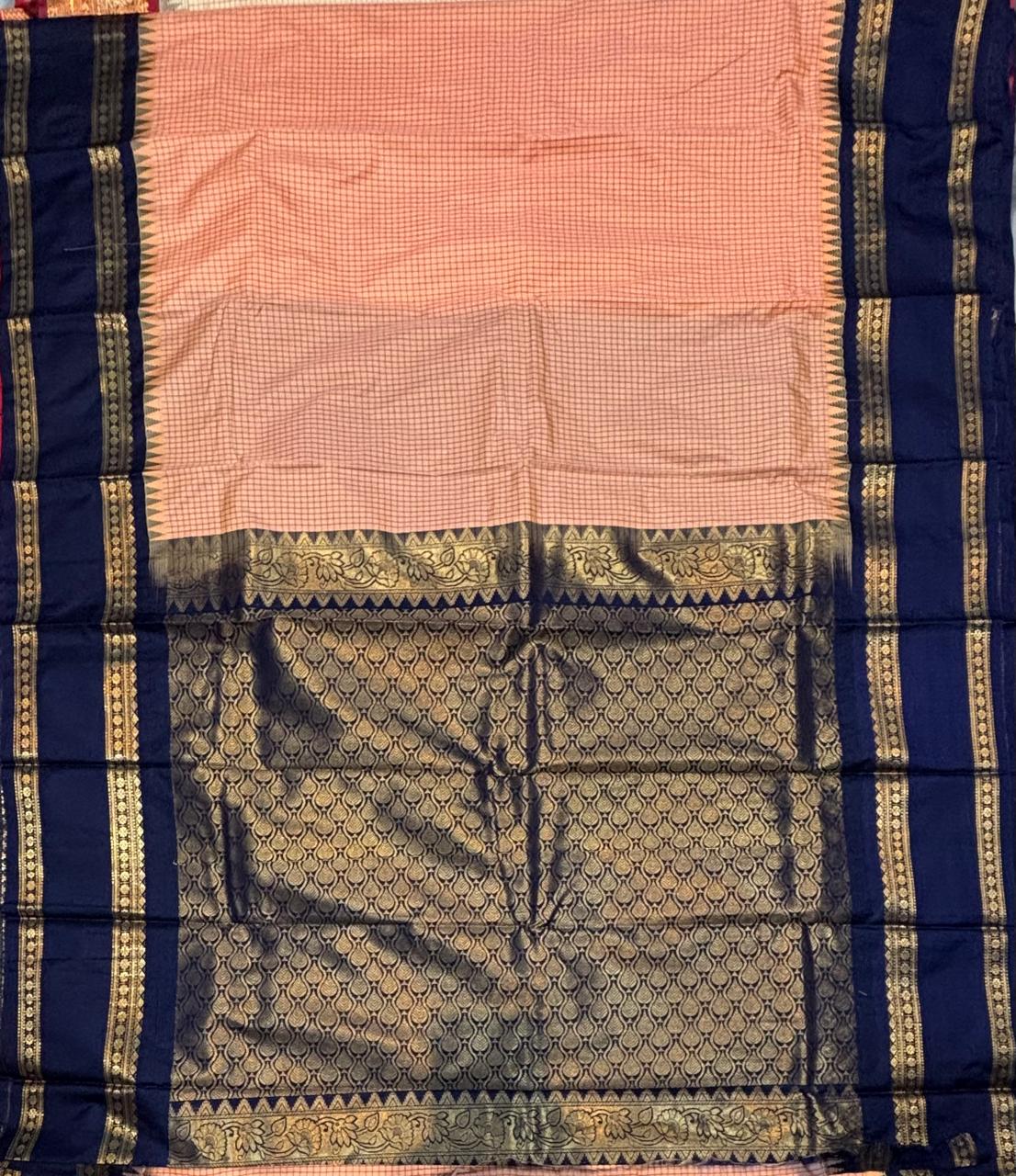 Light Pink Gadwal Silk Saree with Navy Blue Kuttu Border