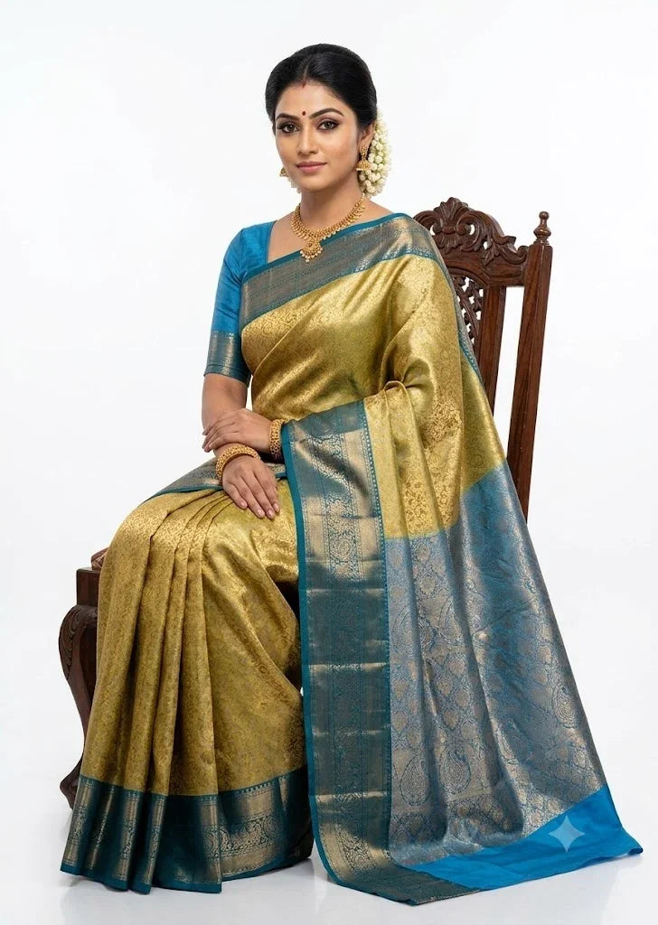 Dharmavaram Pattu Silk Saree Light Yellow With Blue Saree - pochampallysarees.com