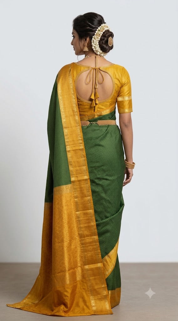 Pure Kanchipuram Soft Silk Saree - Emerald Green &amp; Mustard Yellow